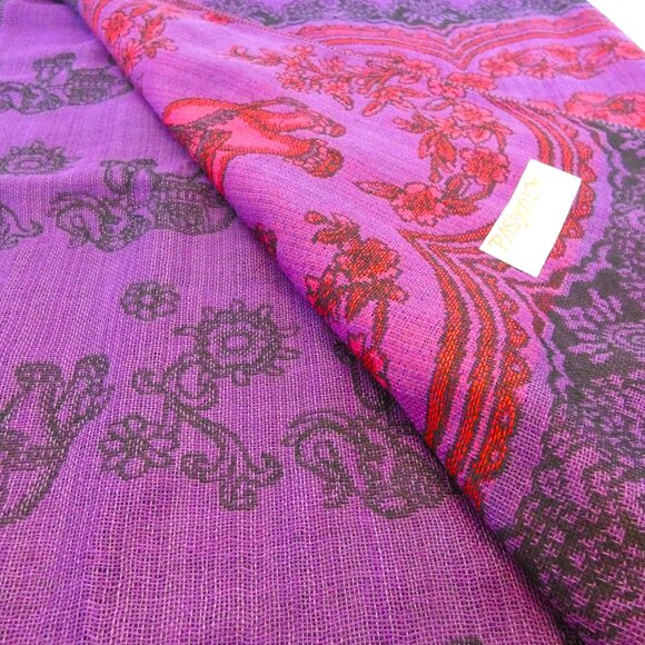 Silk Cashmere Scarf Pashmina Red Purple Thailand Embossed Elephant Good Luck NWT - Picture 5 of 7